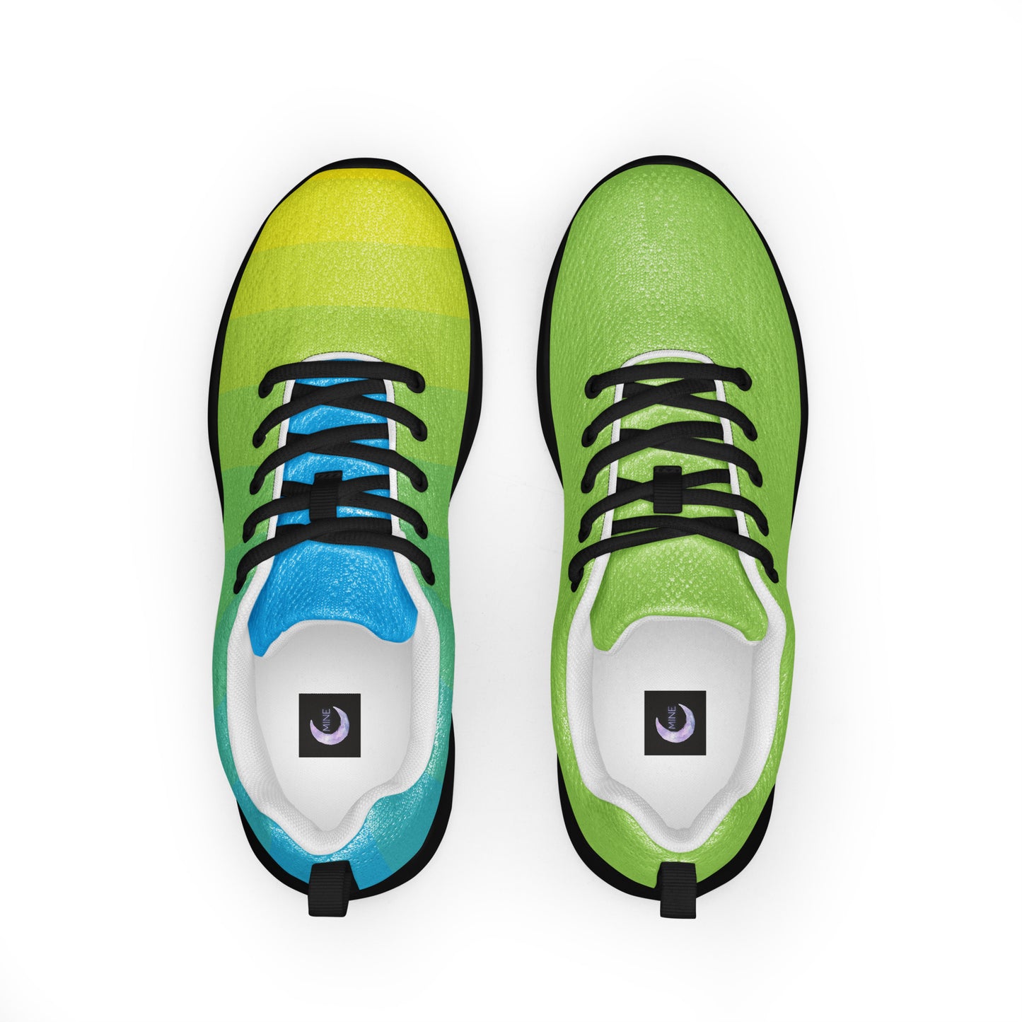 Top view of colorful athletic shoes in blue, yellow, and green shades with black laces
