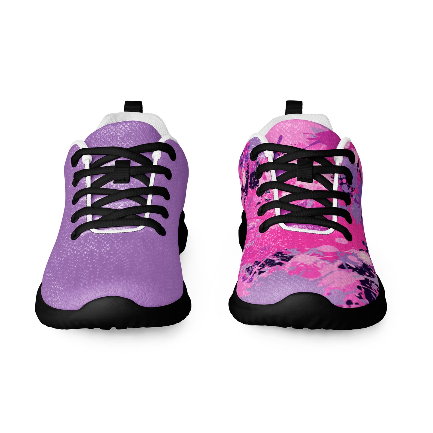 Pair of fashionable gym shoes for women with purple and pink colorful design and black laces