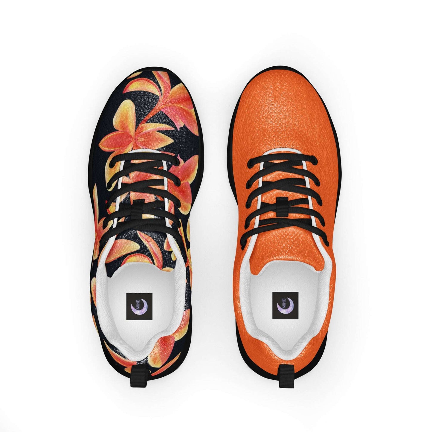 MINE- The Movement Mismatched Shoes with orange floral print on left and solid orange on right