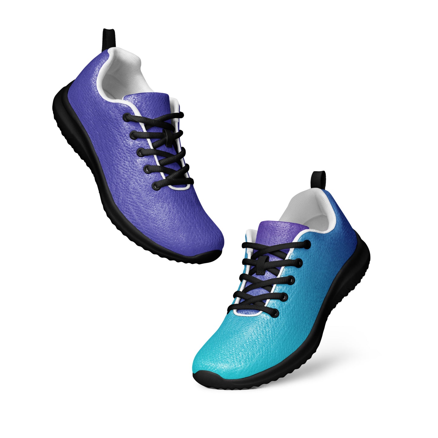 Mismatched womens athletic shoes in blue and purple with black soles and laces from MINE The Movement