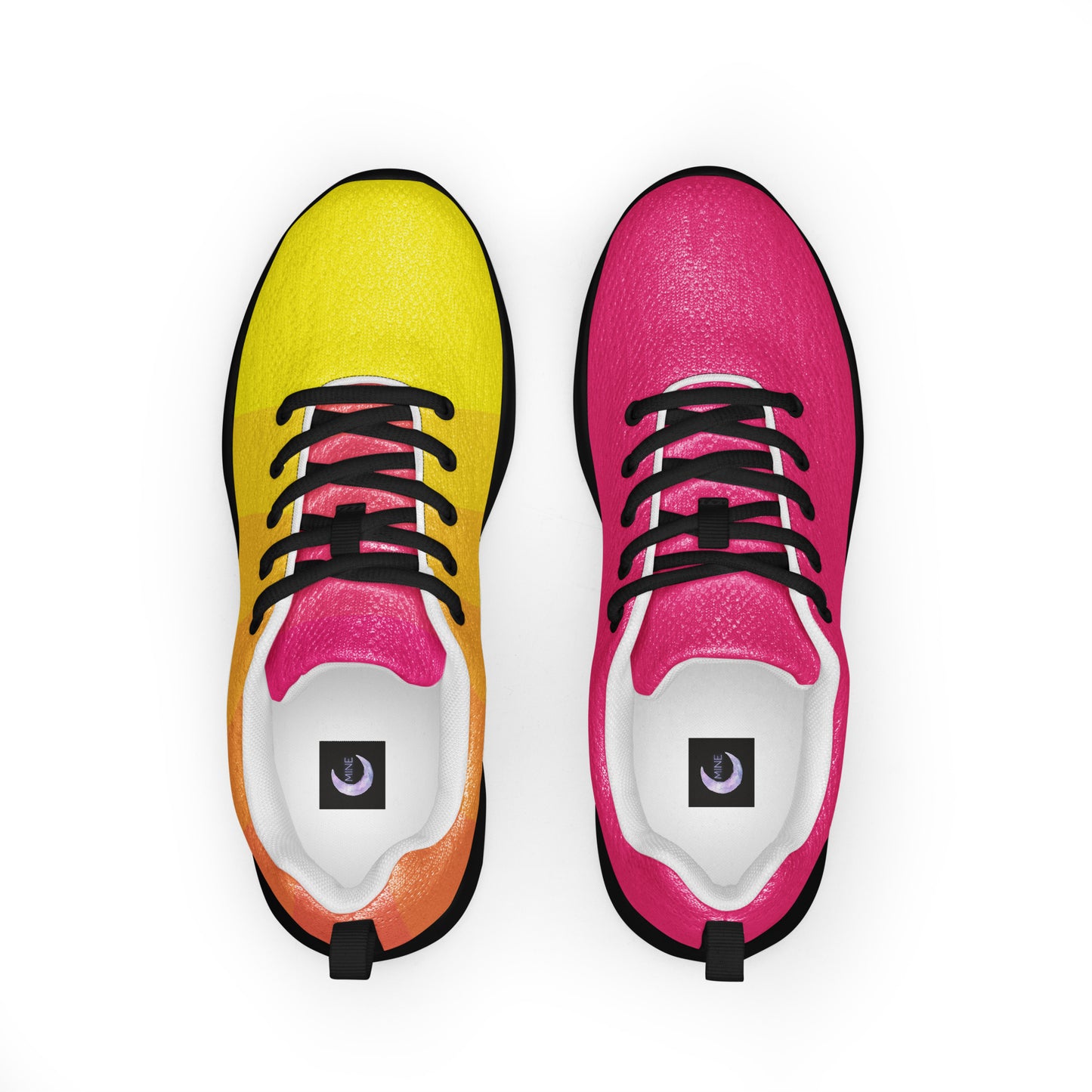 Top view of MINE- The Movement unique design sports shoes in bright yellow and pink with black laces