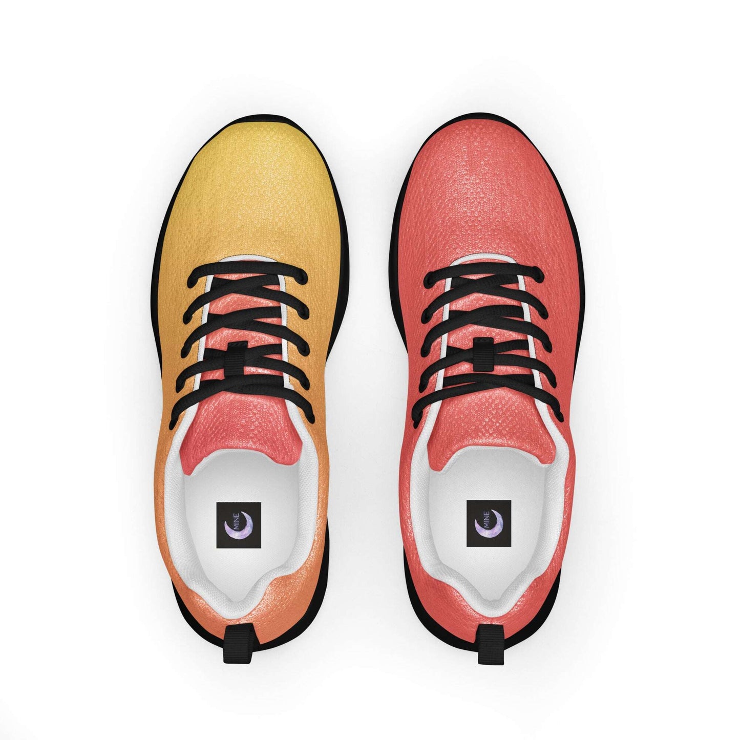 Top view of colorful fitness shoes with black laces and gradient yellow to red design