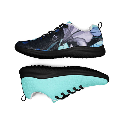 MINE- The Movement athletic shoes with black soles and blue purple floral design for active wear