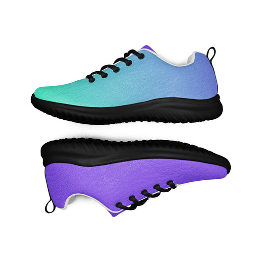 Colorful athletic shoes for women in gradient blue, green, and purple with black soles and laces
