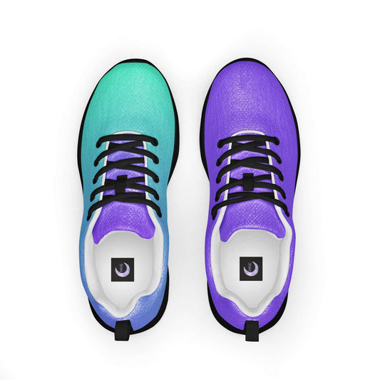 Top view of colorful athletic shoes with teal and purple gradient design and black laces