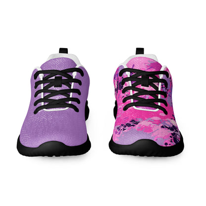 Pair of fashionable gym shoes for women with purple and pink colorful design and black laces