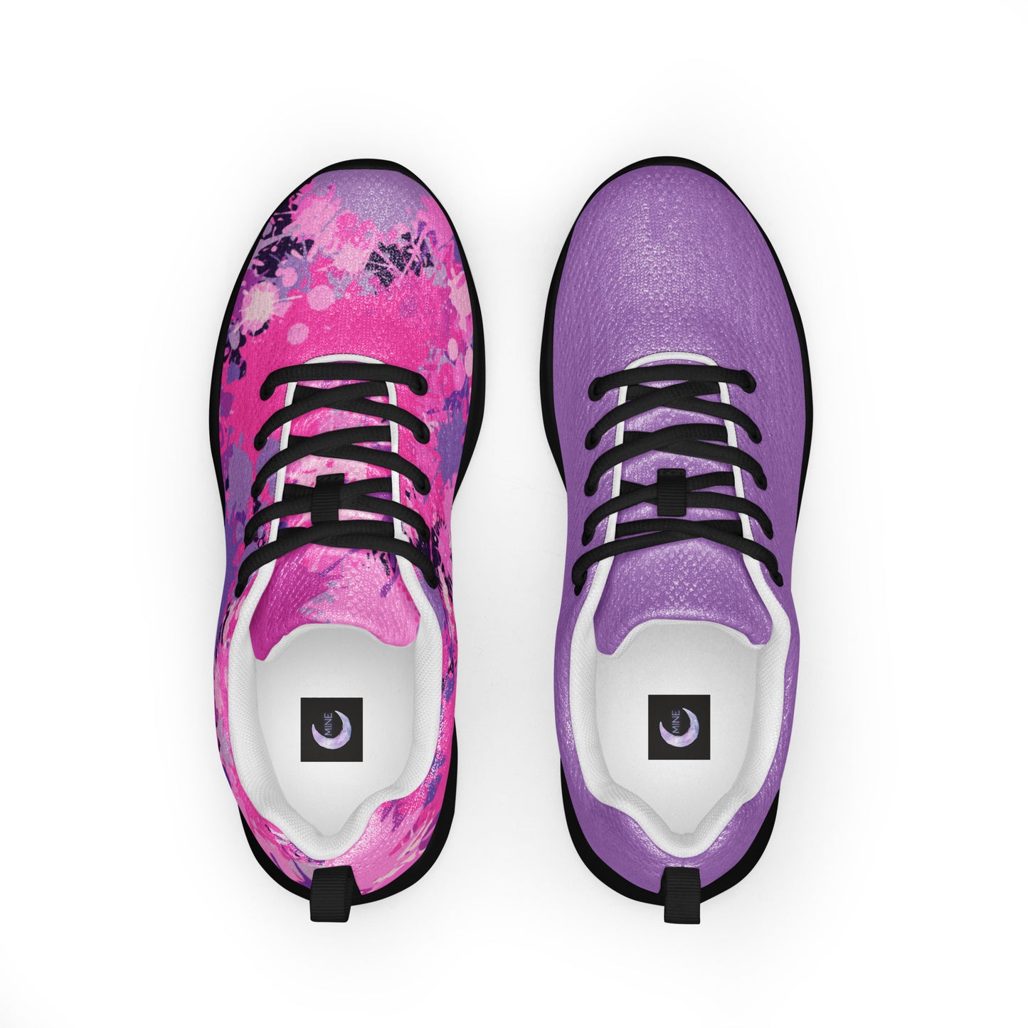 Fashionable gym shoes for women in mismatched pink floral and purple design with black laces