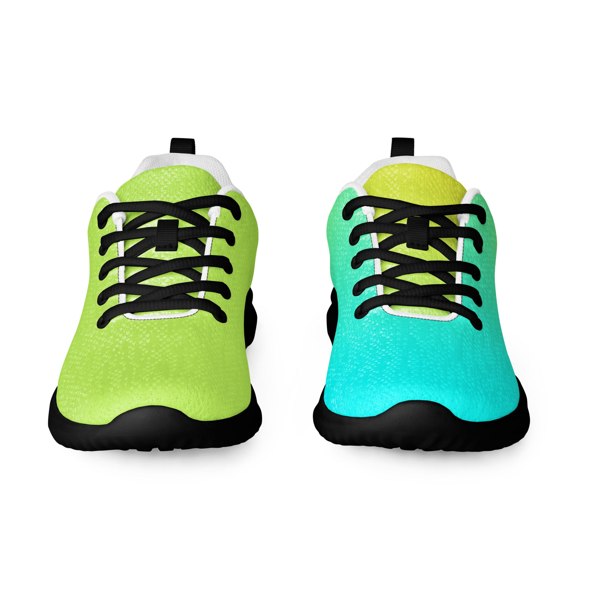 Bright green and blue self-expression sports shoes with black laces and comfortable black soles